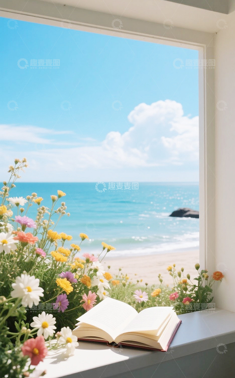 高清大图下载【趣麦麦图】-窗户海边蓝天白云鲜花治愈系风景