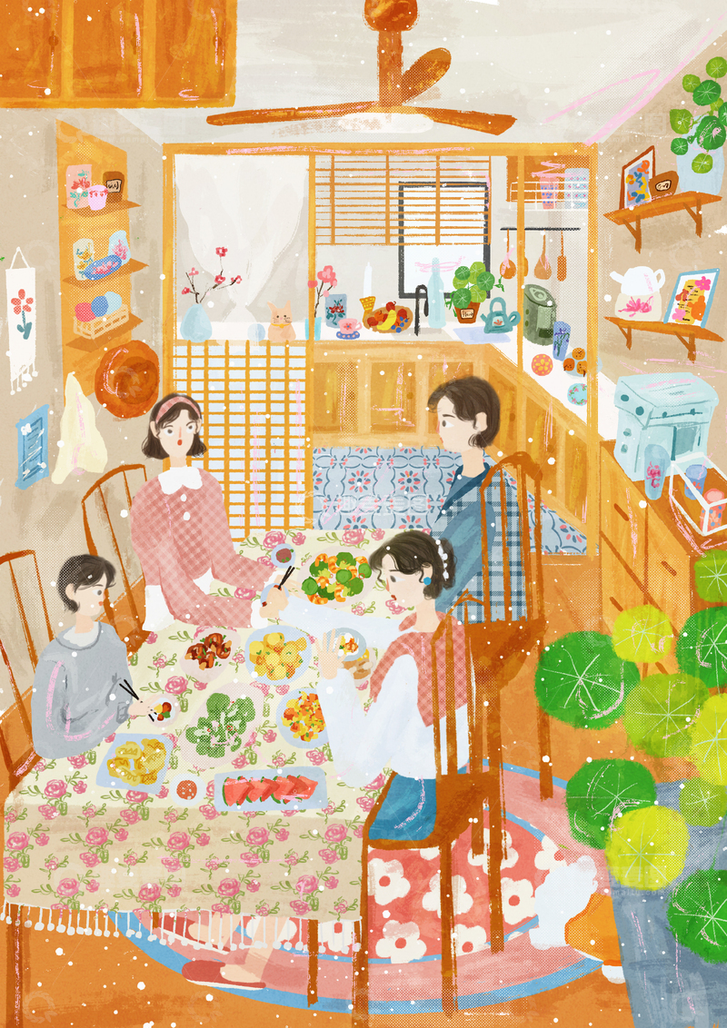高清大图下载【趣麦麦图】原创治愈插画作品素材家庭聚会1
