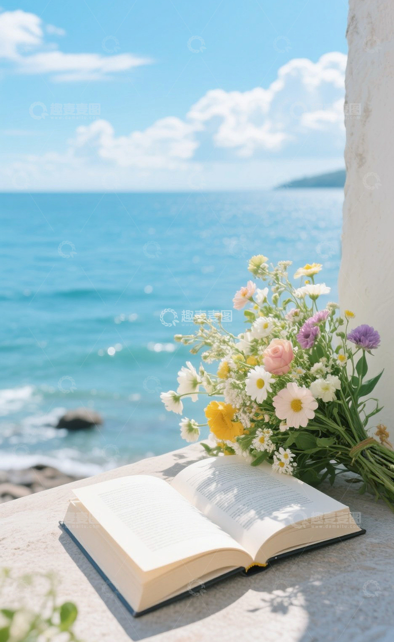 高清大图下载【趣麦麦图】夏天小雏菊花束海边蓝色小清新
