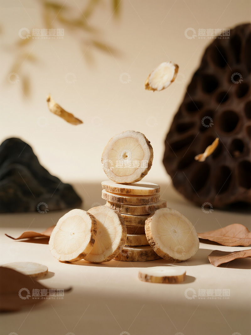 高清大图下载【趣麦麦图】堆叠摆放西洋参切片素材