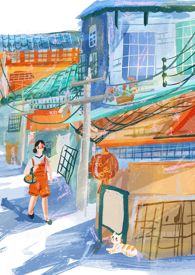 原创治愈插画作品素材小镇生活