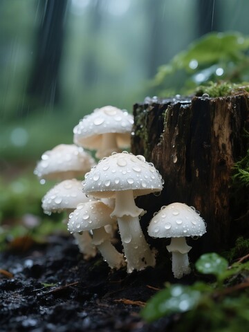 雨天森林里的蘑菇特写