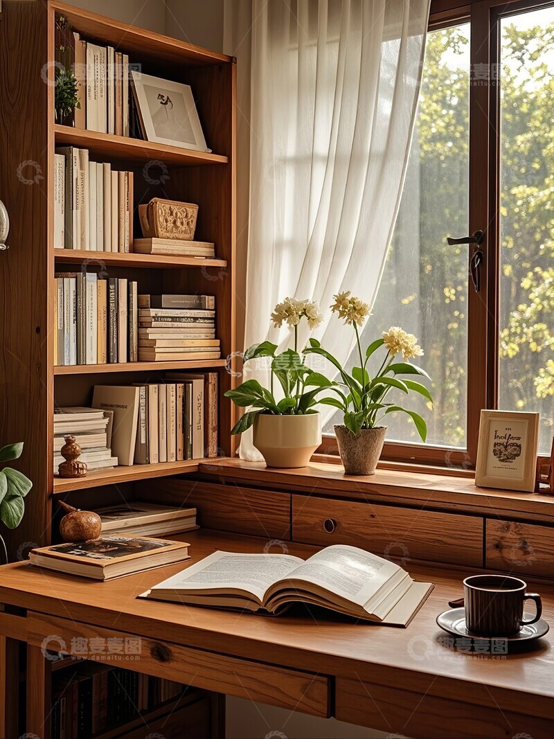高清大图下载【趣麦麦图】绿植盆栽书籍在书桌上12