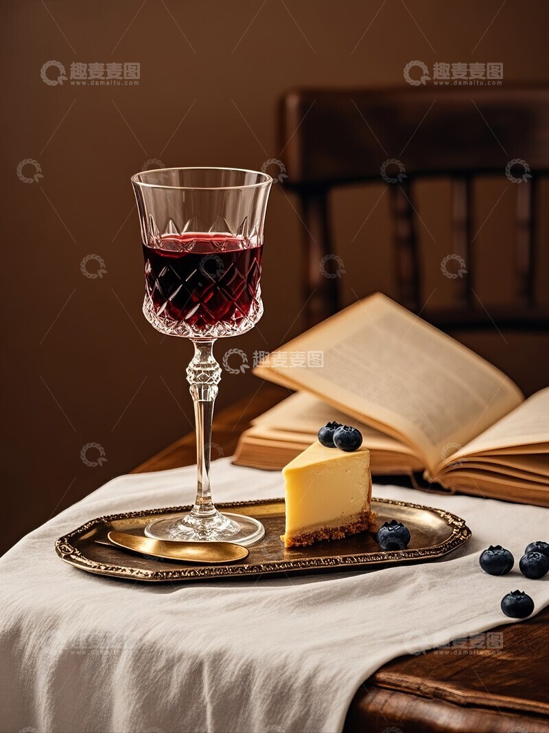 高清大图下载【趣麦麦图】奶酪蛋糕配红酒美食甜点1
