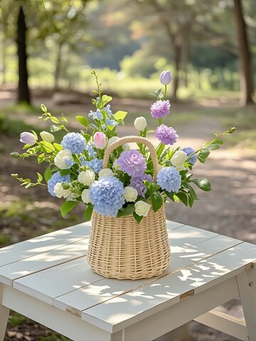 户外木桌上花篮里的花束