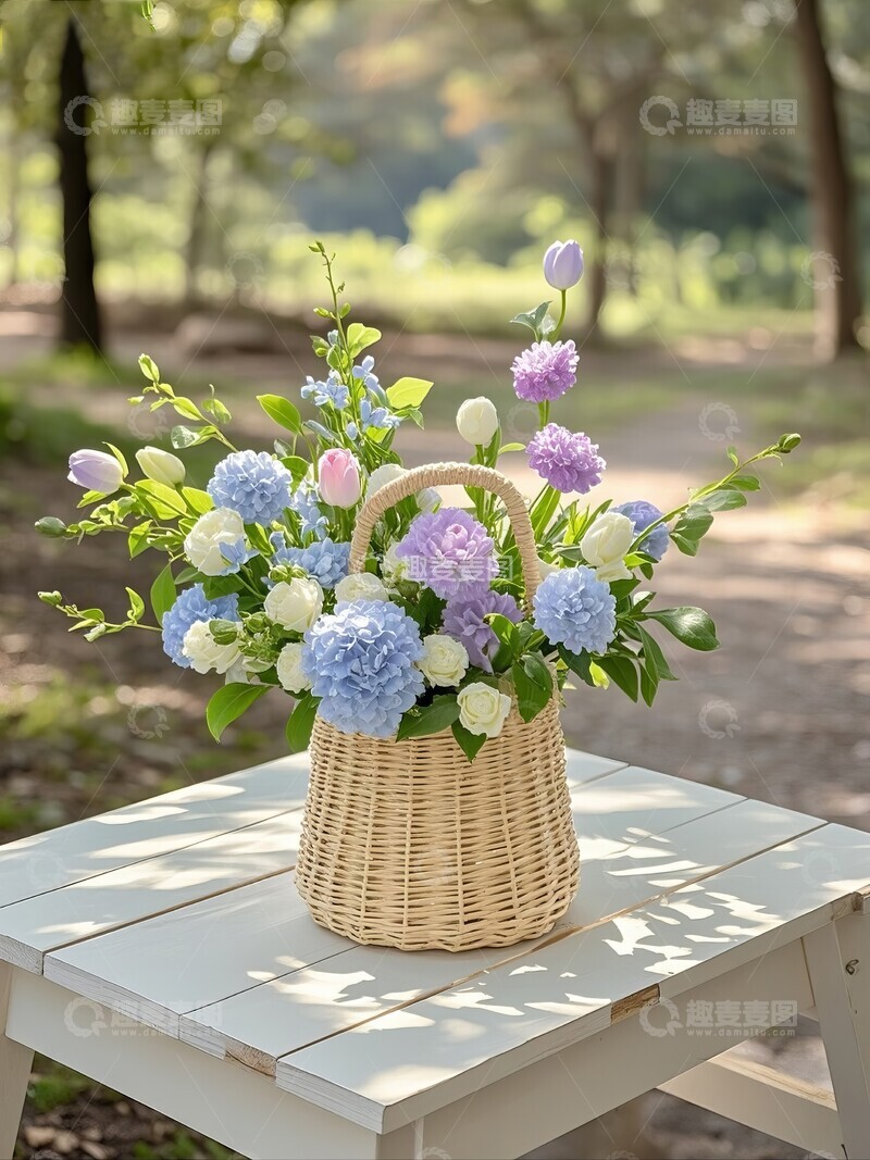高清大图下载【趣麦麦图】户外木桌上花篮里的花束