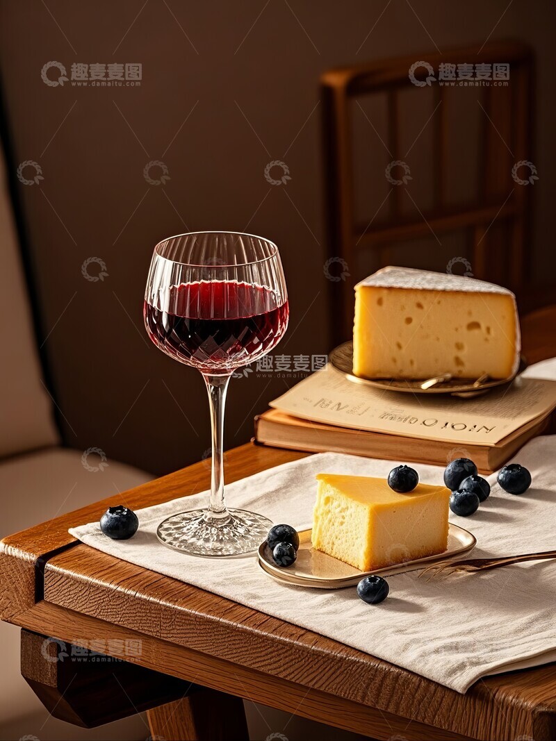 高清大图下载【趣麦麦图】奶酪蛋糕配红酒美食甜点