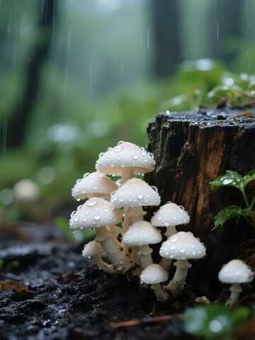 雨天森林里的蘑菇特写摄影