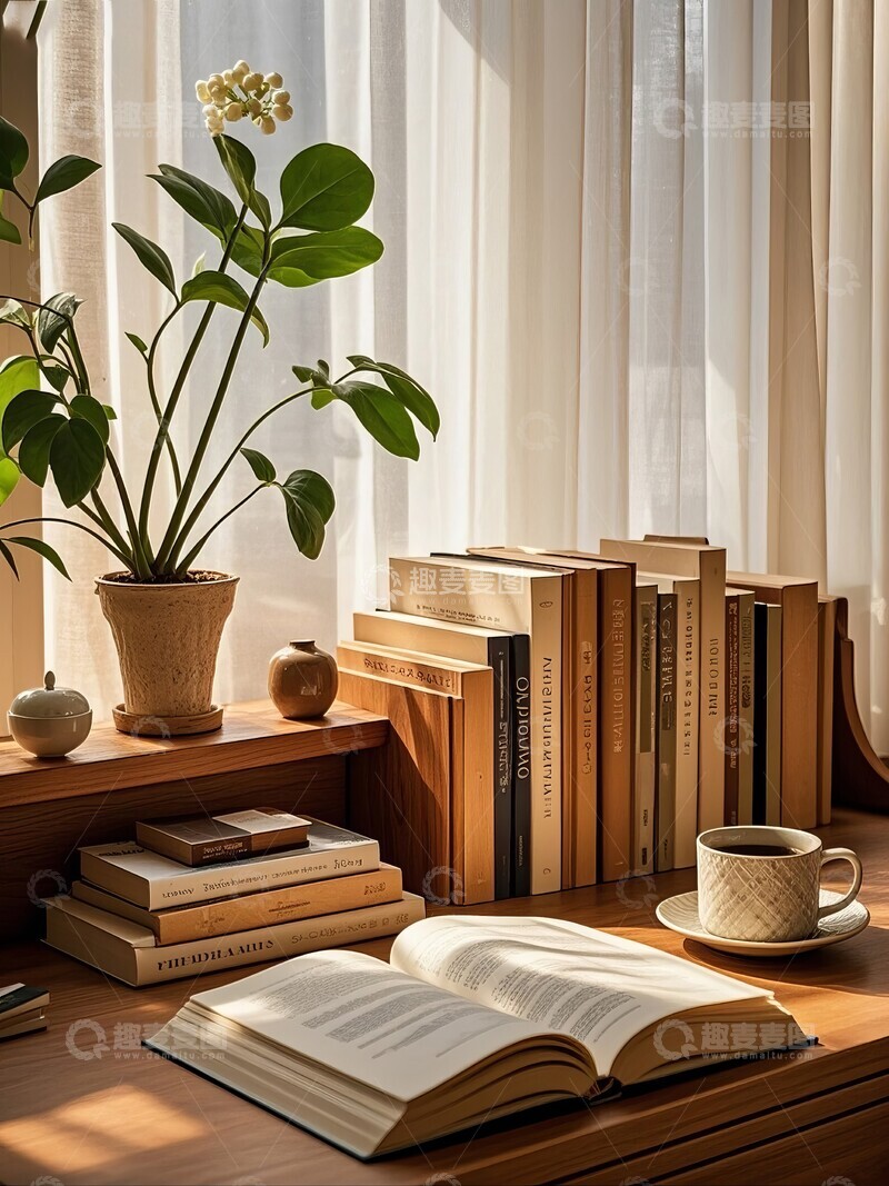 高清大图下载【趣麦麦图】绿植盆栽书籍在书桌上