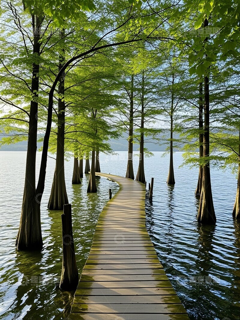 高清大图下载【趣麦麦图】山中森林湖泊中的栈道12