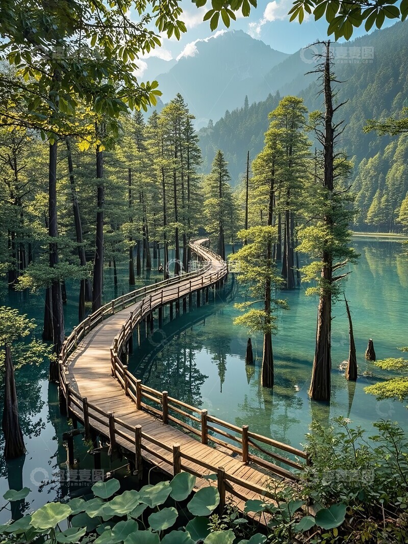 高清大图下载【趣麦麦图】山中森林湖泊中的栈道1