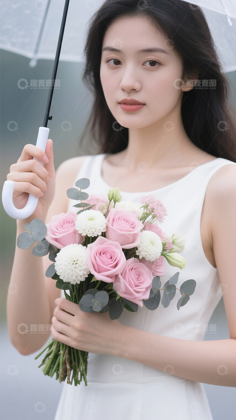 高清大图下载【趣麦麦图】白裙少女撑伞抱花清新氛围感拉满