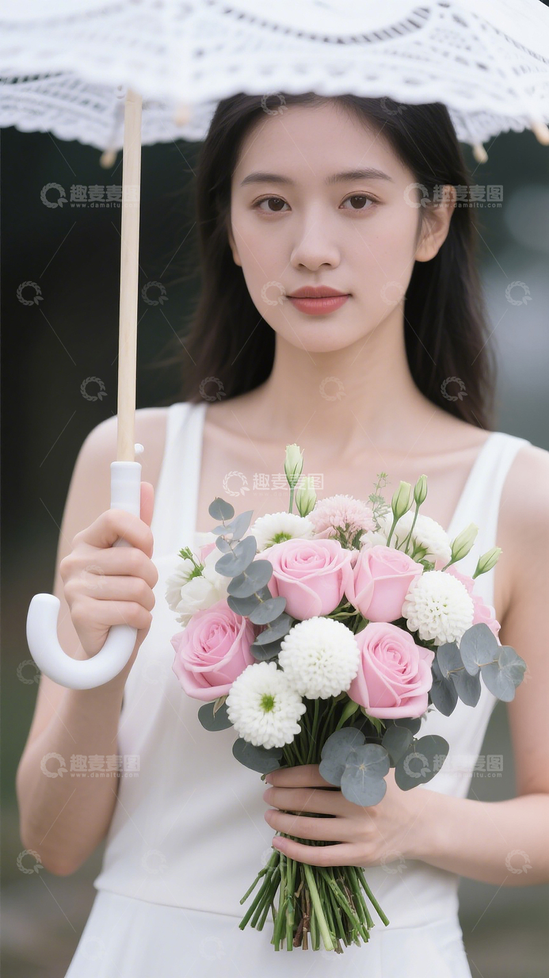 高清大图下载【趣麦麦图】蕾丝伞下白裙姑娘抱花