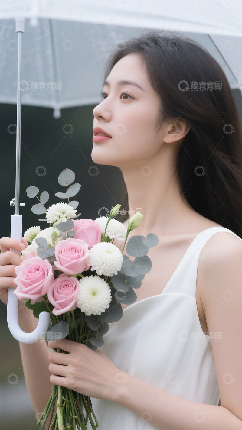 高清大图下载【趣麦麦图】白裙女子侧颜伞下抱粉白色清新花束