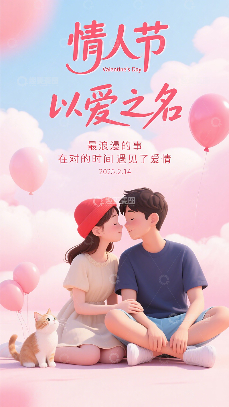 高清大图下载【趣麦麦图】浪漫情人节宣传海报柔和粉色云朵和气球