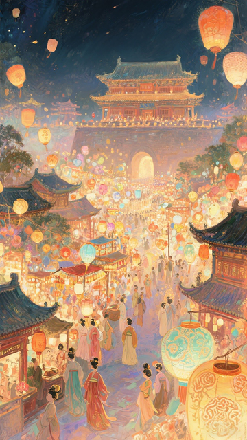 热闹中秋节节日古代孔明灯插画