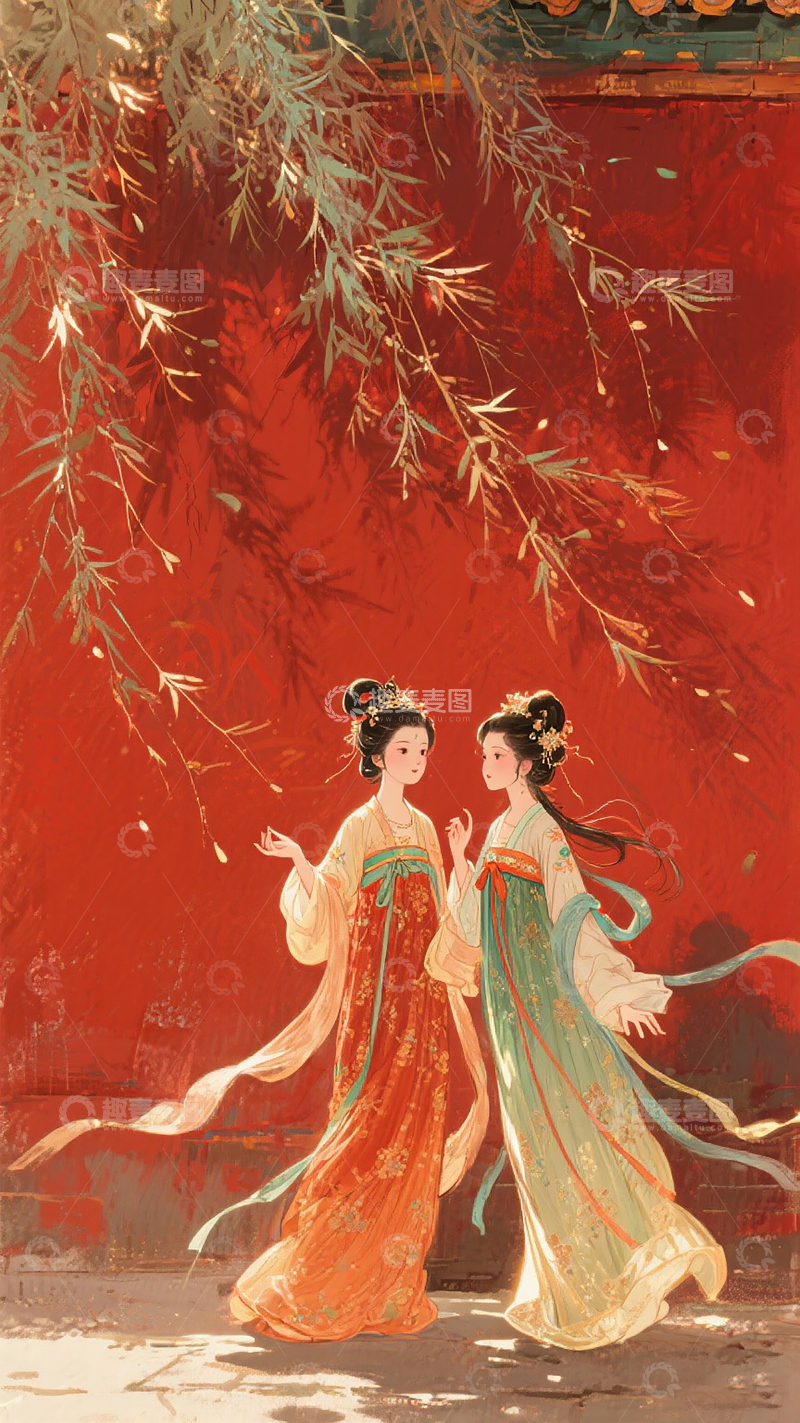 高清大图下载【趣麦麦图】唐风宫墙人物唯美女孩插画