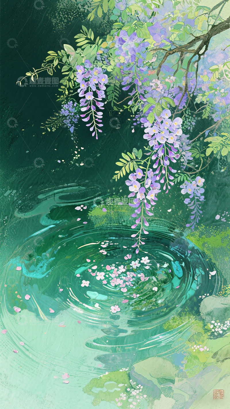 高清大图下载【趣麦麦图】-紫藤花清新水彩画