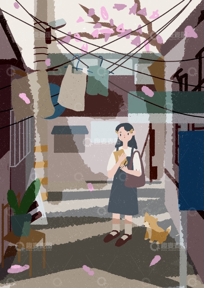 原创治愈插画作品素材小巷