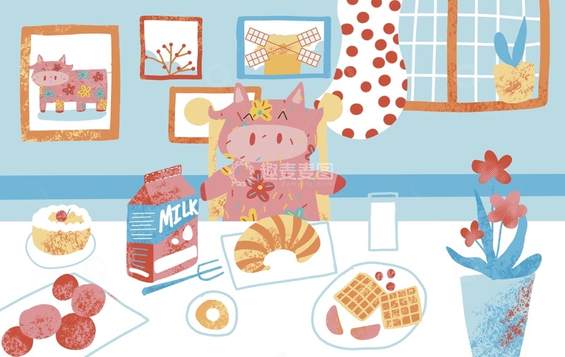 高清大图下载【趣麦麦图】原创治愈插画作品素材四季节气节日牛