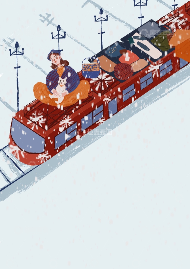 原创治愈插画作品素材雪地列车 