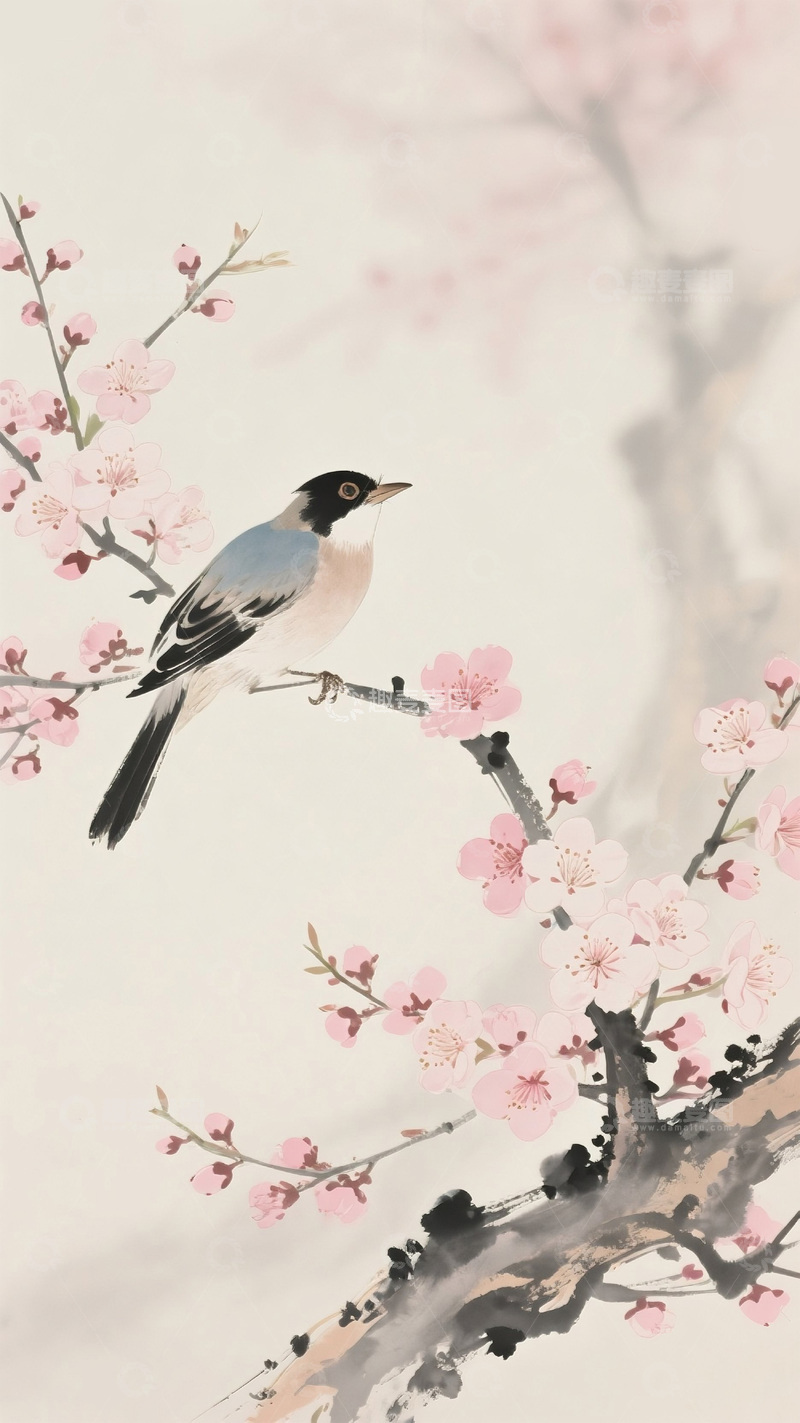 高清大图下载【趣麦麦图】创意水墨桃花鸟儿背景12