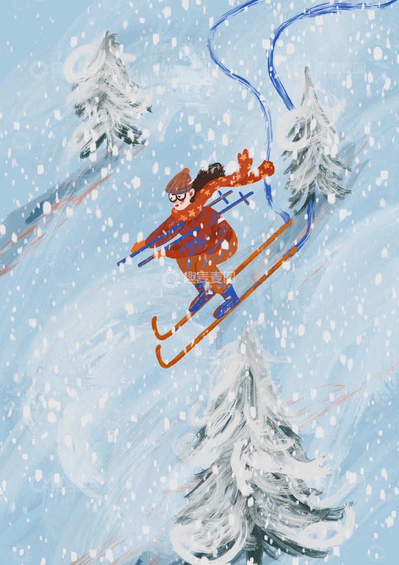 原创治愈插画作品素材滑雪 