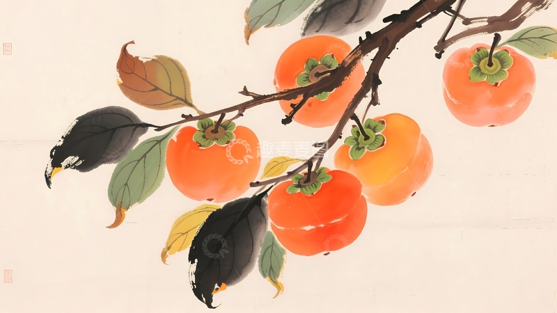 高清大图下载【趣麦麦图】一个柿子树国画