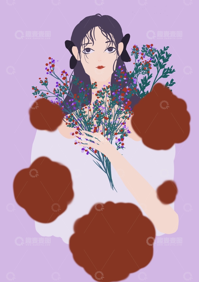 高清大图下载【趣麦麦图】原创治愈插画作品素材女孩小花