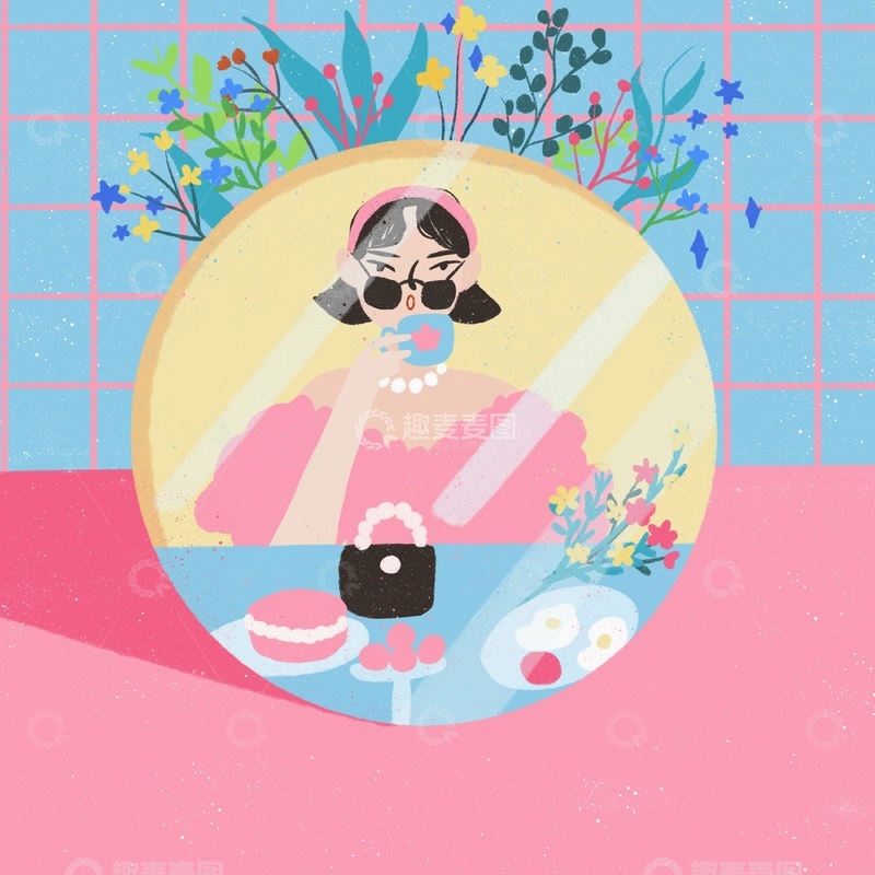 原创治愈插画作品素材镜子 