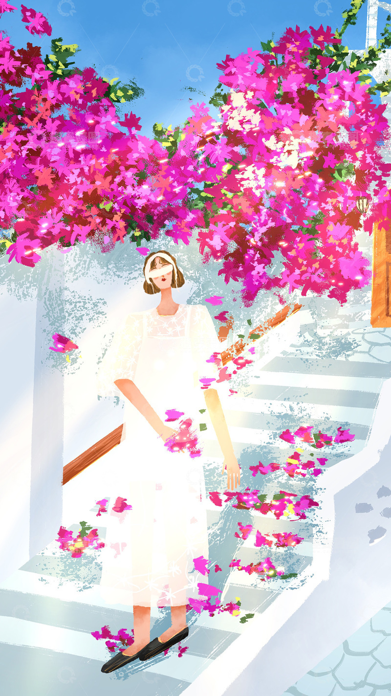 原创治愈插画作品素材春天粉色鲜花