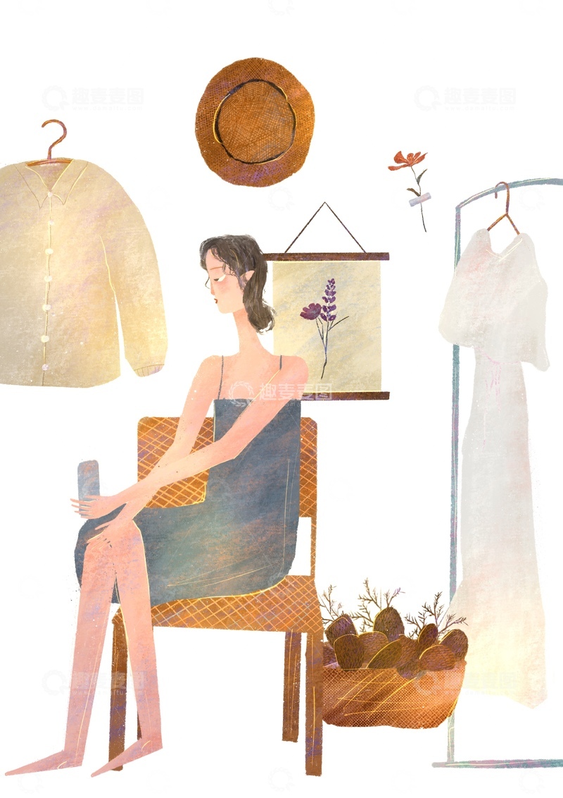 原创治愈插画作品素材女生