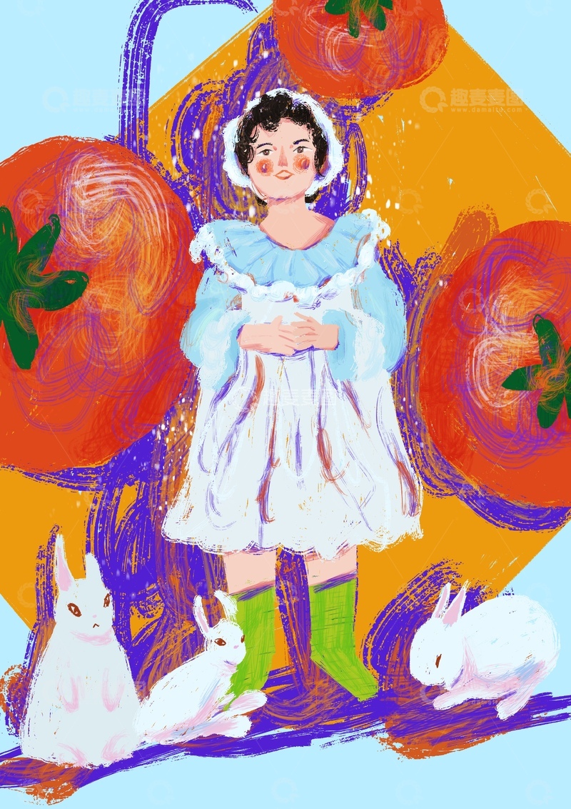 原创治愈插画作品素材女孩食物