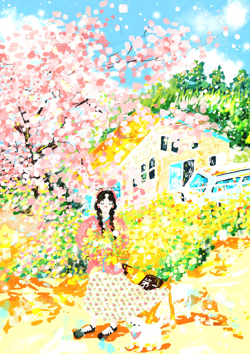 高清大图下载【趣麦麦图】原创治愈插画作品素材春日乡村