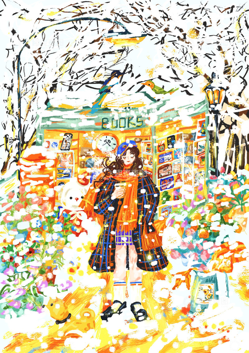 高清大图下载【趣麦麦图】原创治愈插画作品素材冬日书店