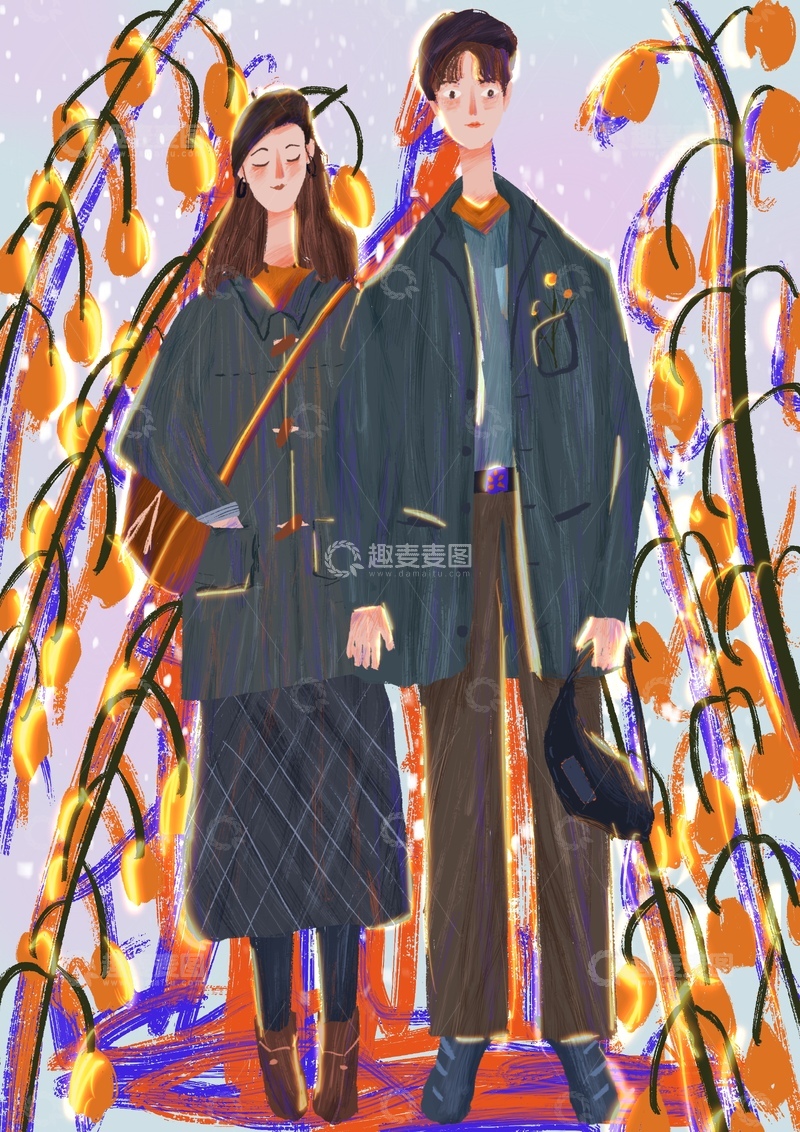 高清大图下载【趣麦麦图】原创治愈插画作品素材情侣穿搭