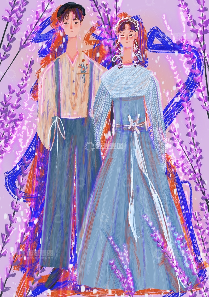 高清大图下载【趣麦麦图】原创治愈插画作品素材薰衣草鲜花情侣