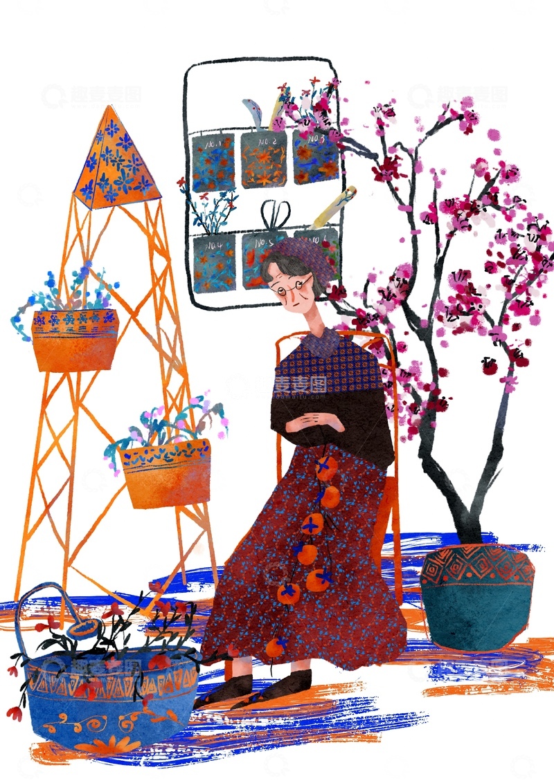 原创治愈插画作品素材奶奶的桃源
