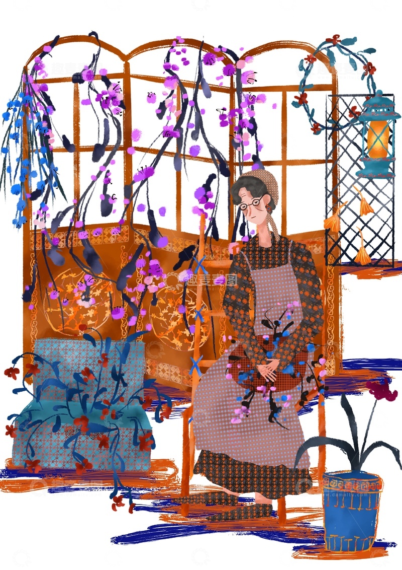 高清大图下载【趣麦麦图】原创治愈插画作品素材奶奶的紫藤花园