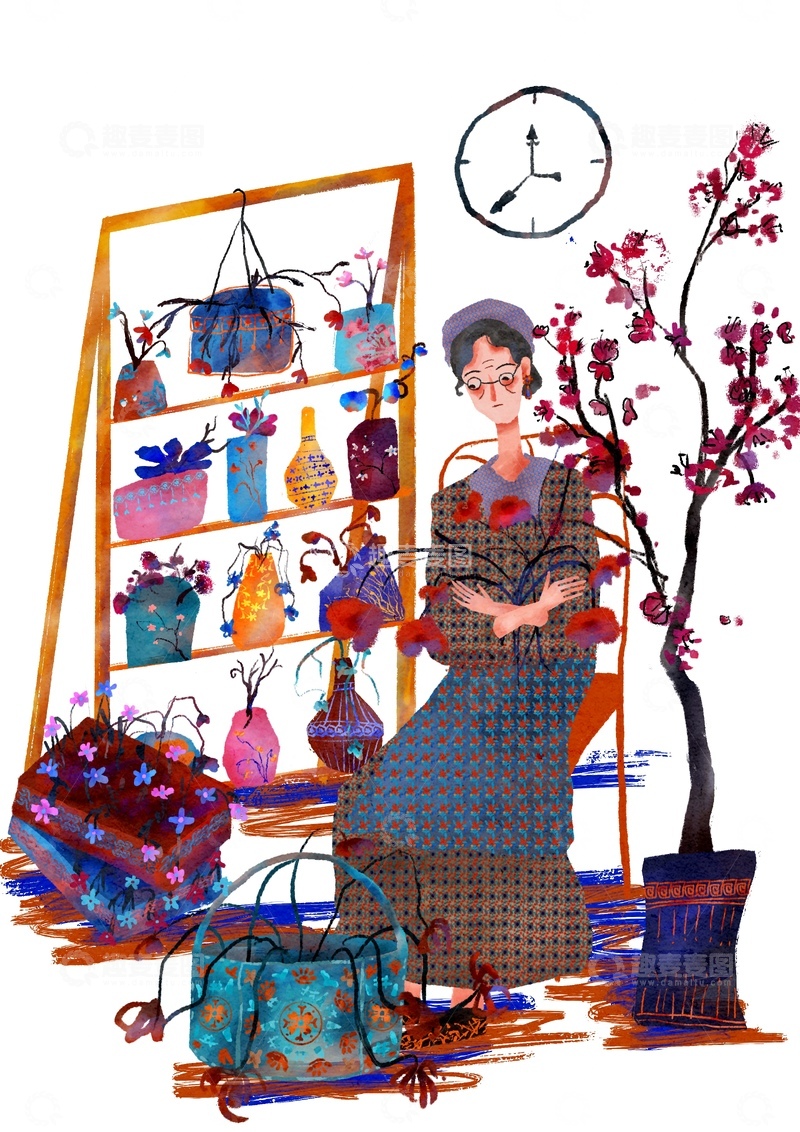 高清大图下载【趣麦麦图】原创治愈插画作品素材奶奶的陶瓷园