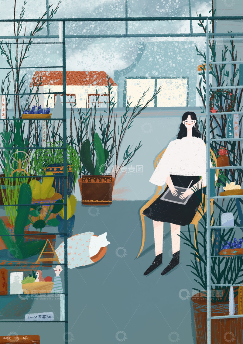 高清大图下载【趣麦麦图】原创治愈插画作品素材谷雨时节家居生活