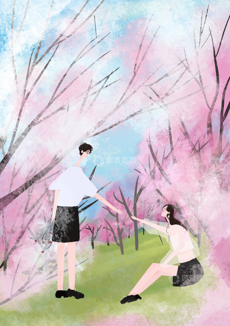 高清大图下载【趣麦麦图】原创治愈插画作品素材春分桃花盛开