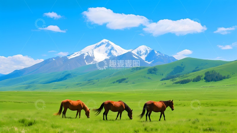 高清大图下载【趣麦麦图】雪山草原牛羊
