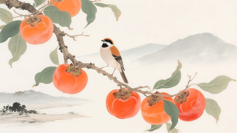 高清大图下载【趣麦麦图】玄关柿子树挂图