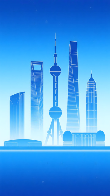 上海城市建筑地标蓝色剪影