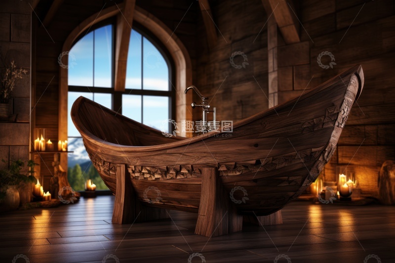 高清大图下载【趣麦麦图】室内的木头浴缸