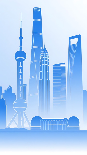 上海城市建筑地标蓝色剪影图