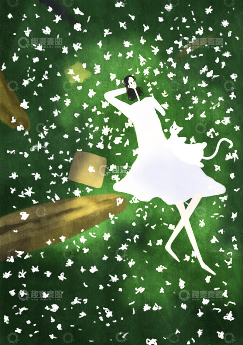 高清大图下载【趣麦麦图】原创治愈插画作品素材躺在夏天的女孩