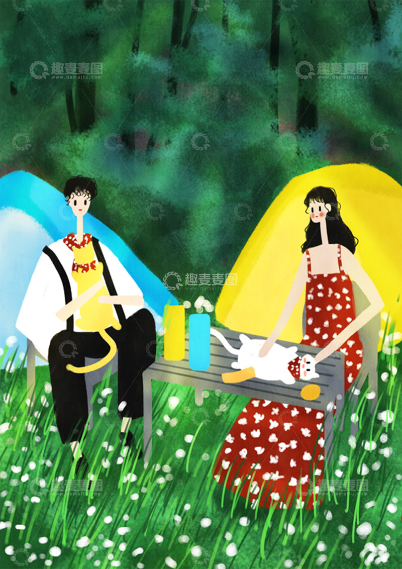 高清大图下载【趣麦麦图】原创治愈插画作品素材夏日郊游