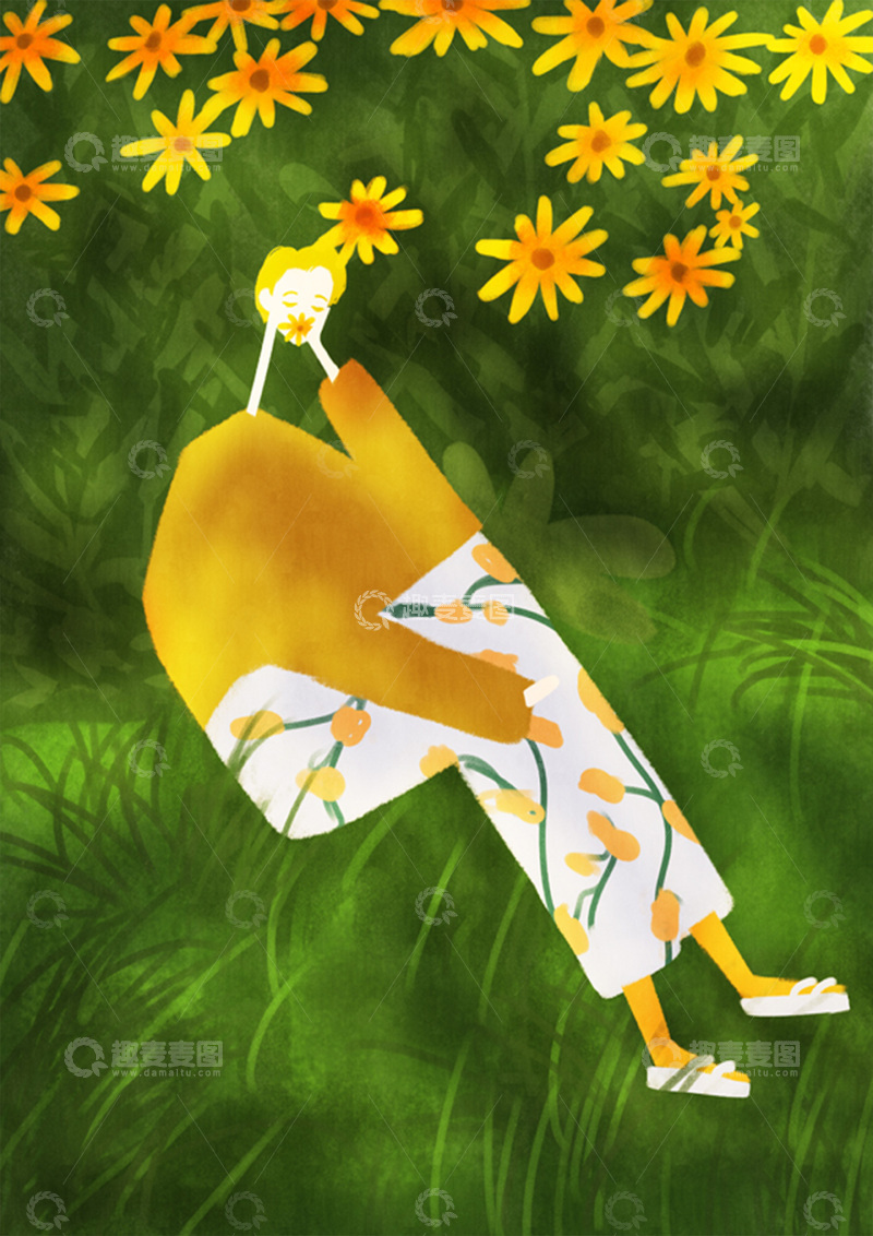 高清大图下载【趣麦麦图】原创治愈插画作品素材鲜花与男孩